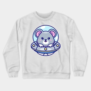 Cute mouse flying with spaceship ufo cartoon Crewneck Sweatshirt